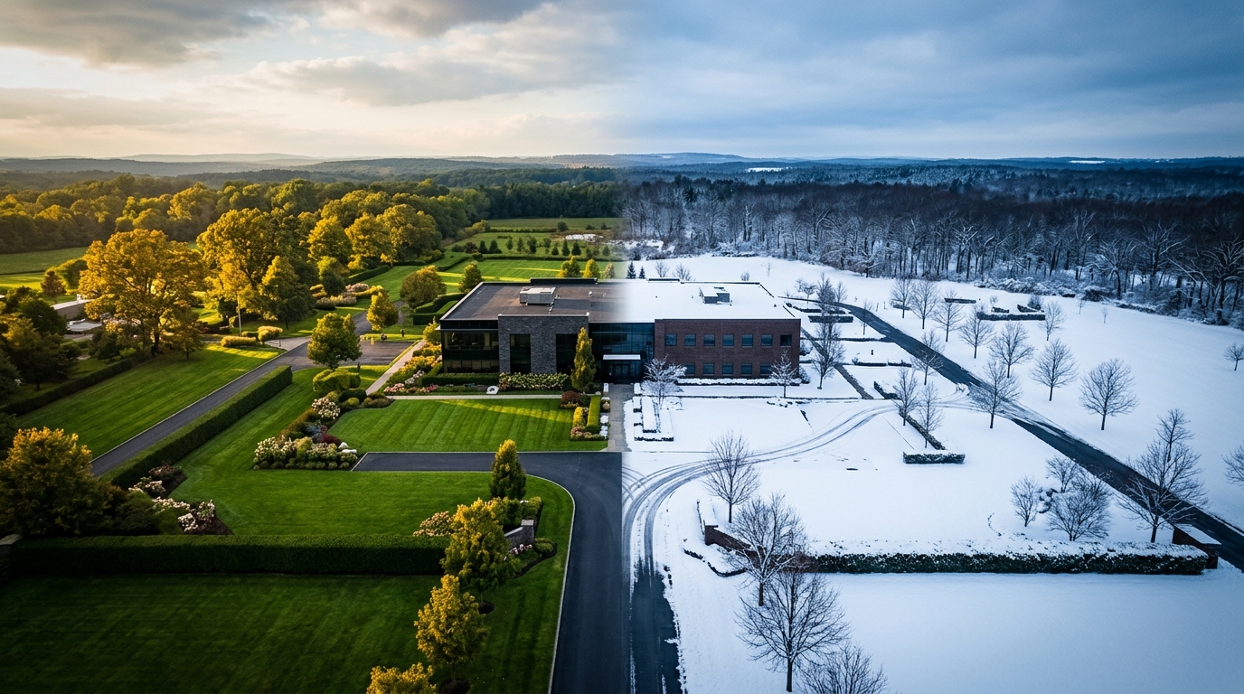Aerial view of a commercial property — green and landscaped on one side, snow-covered on the other