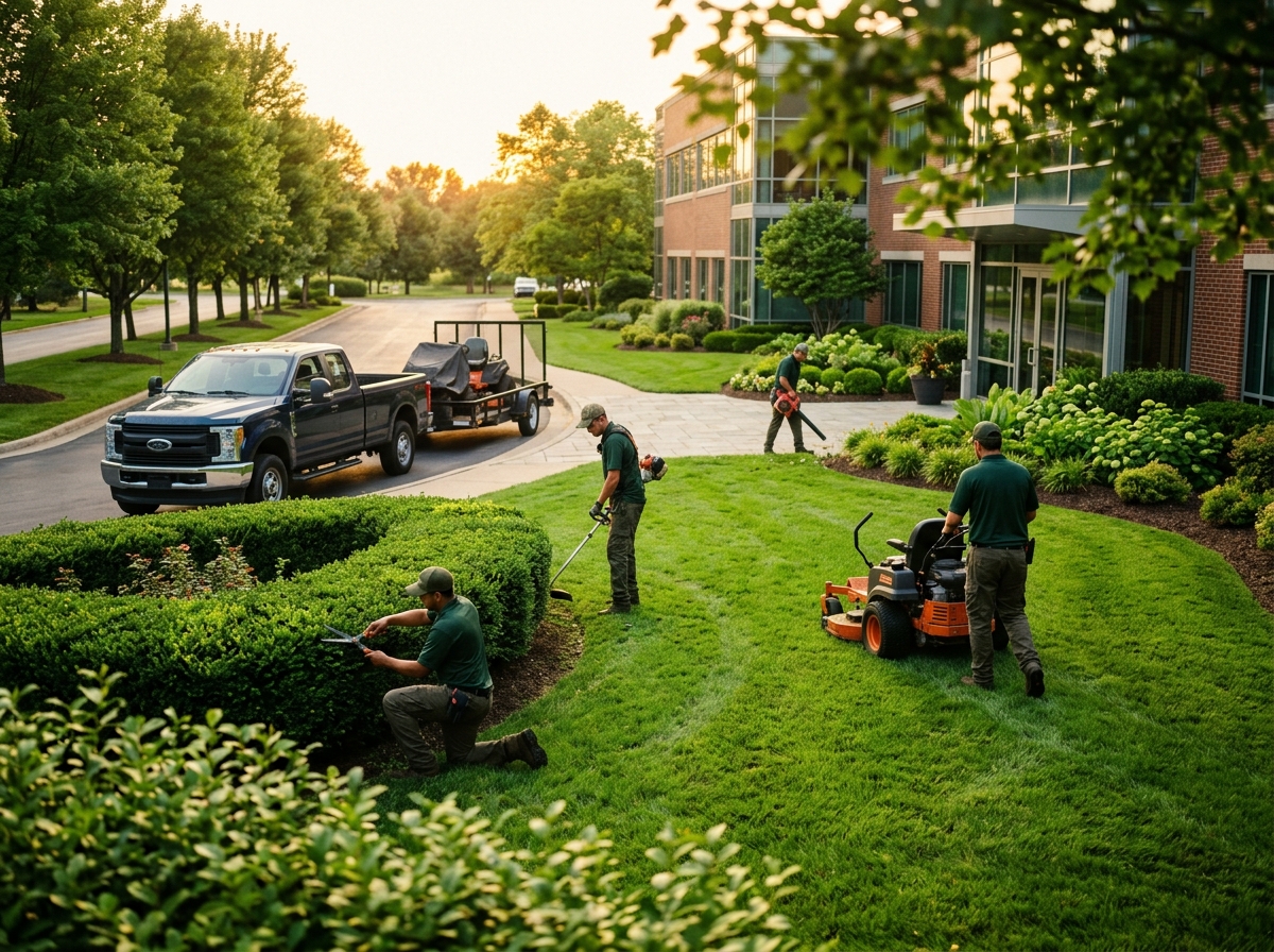 Professional landscaping crew maintaining a lush green corporate property at golden hour