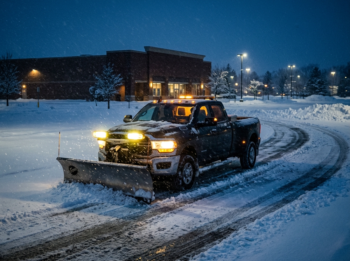 Heavy-duty snow plow truck clearing a commercial parking lot during a snowfall at blue hour