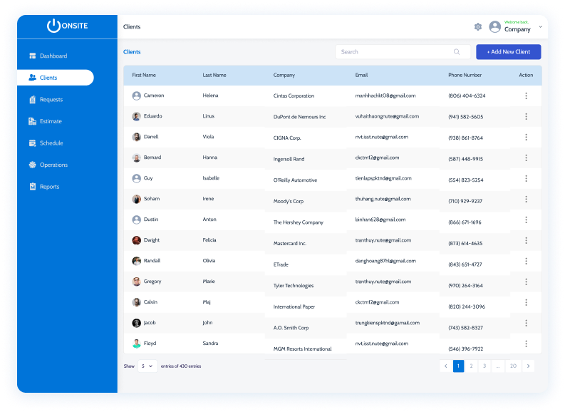 Onsite CRM clients screen listing customers, properties and contact details