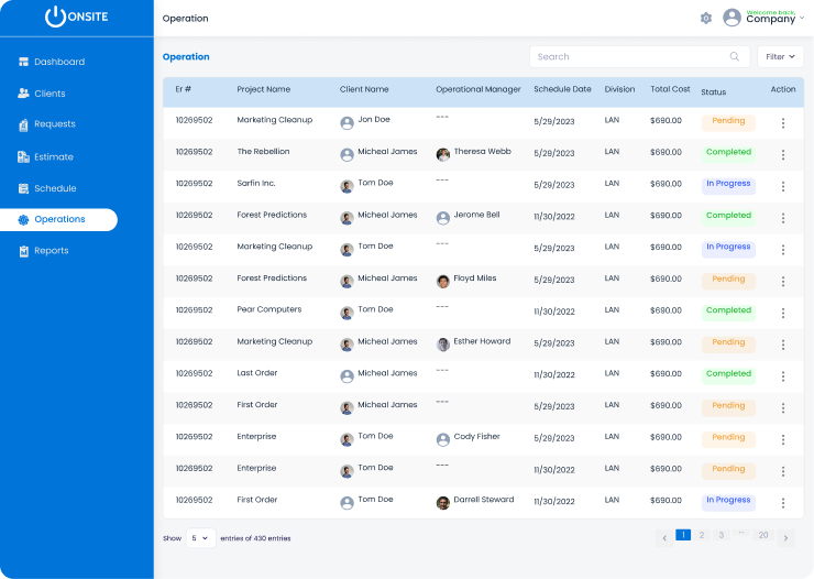 Onsite operations screen listing projects, crews, schedule dates and job status