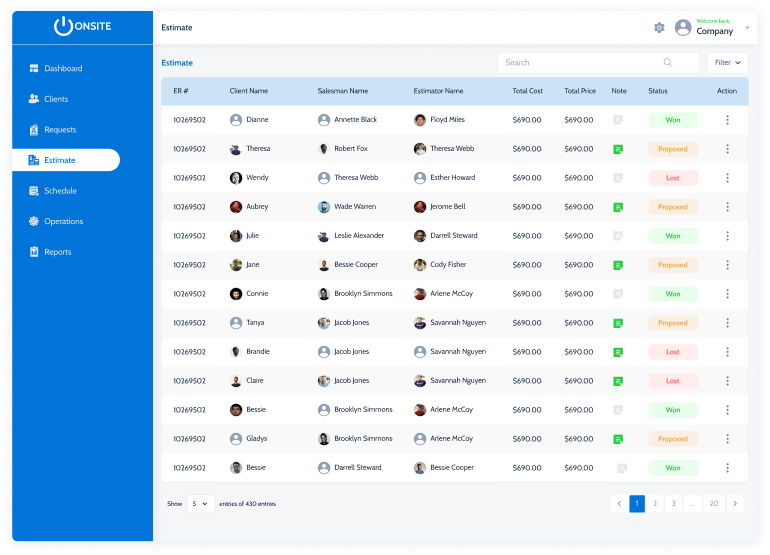 Onsite estimates screen with client names, totals and won, proposed and lost statuses