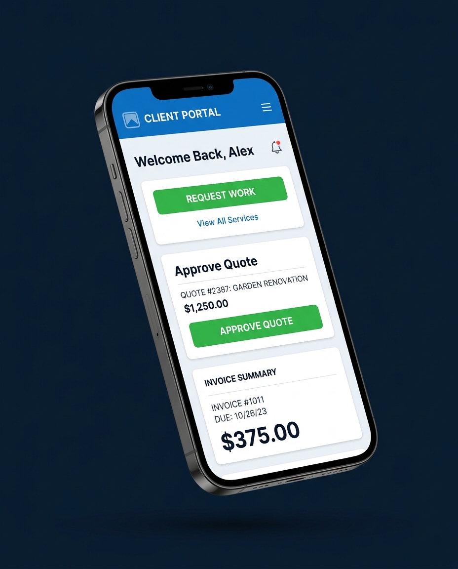 Onsite client portal on a phone with request work, approve quote and invoice summary